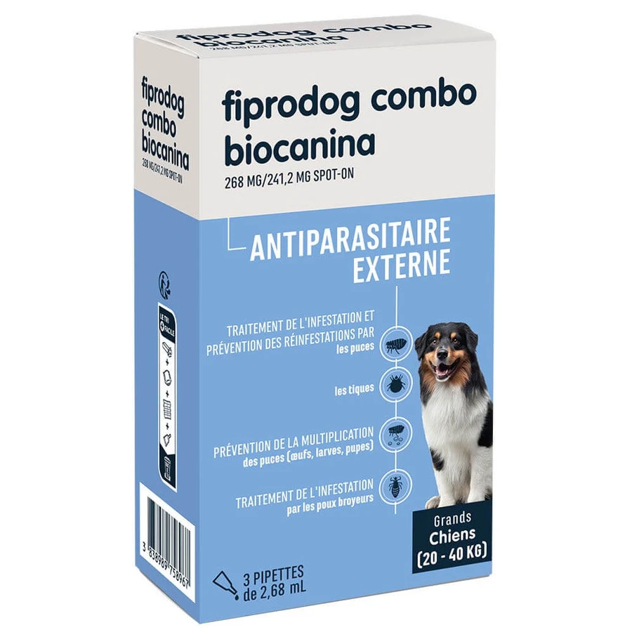 Biocanine Uitwendige Antiparasitaire Oplossing Spot-On voor grote honden 20 tot 40 kg combo fiprodog 3 pipetten