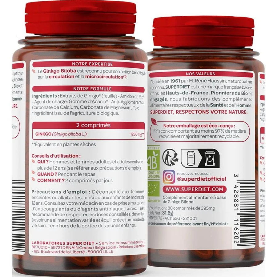 Superdiet Organic Ginkgo Biloba 80 comprimidos