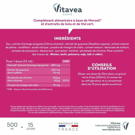 Vitavea Santé Brûleur 4 en 1 Morosil Brûle Graisse Cellulite Métabolisme Saveur pêche 500ml