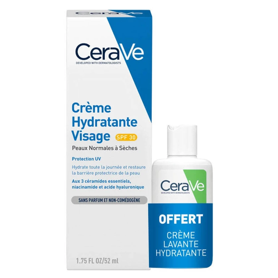 Cerave Hydraterende Gezichtscrème SPF30 52ml + Reinigingscrème 20ml voor de normale tot zeer droge huid