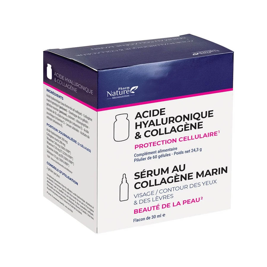 Pharm Nature Micronutrition Acide hyaluronique & collageen 60 gélules Nature Attitude + Sérum au Collagen Marin 30 ml Offert