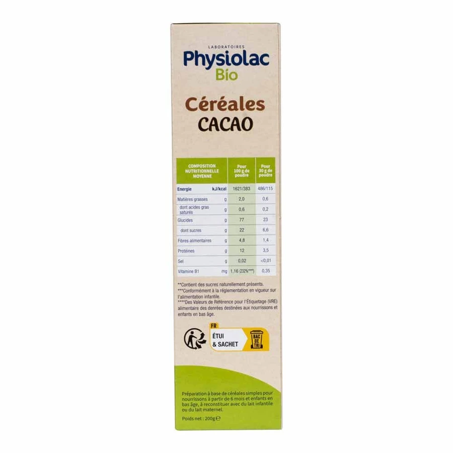 Physiolac Cerealien Kakao Des 6 Mois Bio 200g