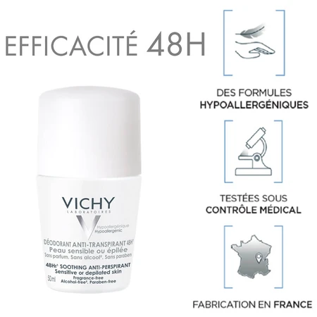 Vichy Deodorant Roll-on Antiperspirant 48h Sensitive or Depilated Skin 2x50ml