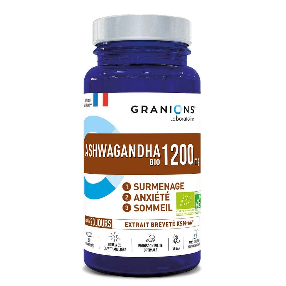 Granions Ashwagandha Organic 1200 mg Superwerk, Angst en Slaap 60 Tabletten