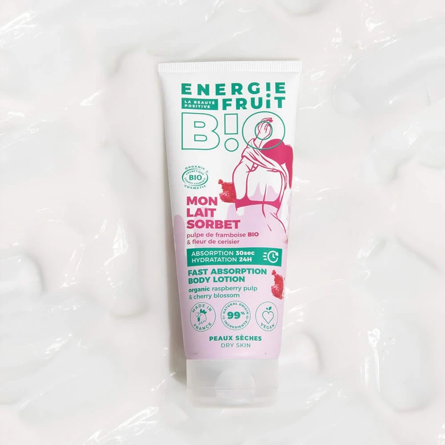 Energie Fruit Bio-Sorbetmilch mit Himbeerfruchtfleisch und Kirschblüte für trockene Haut 200 ml