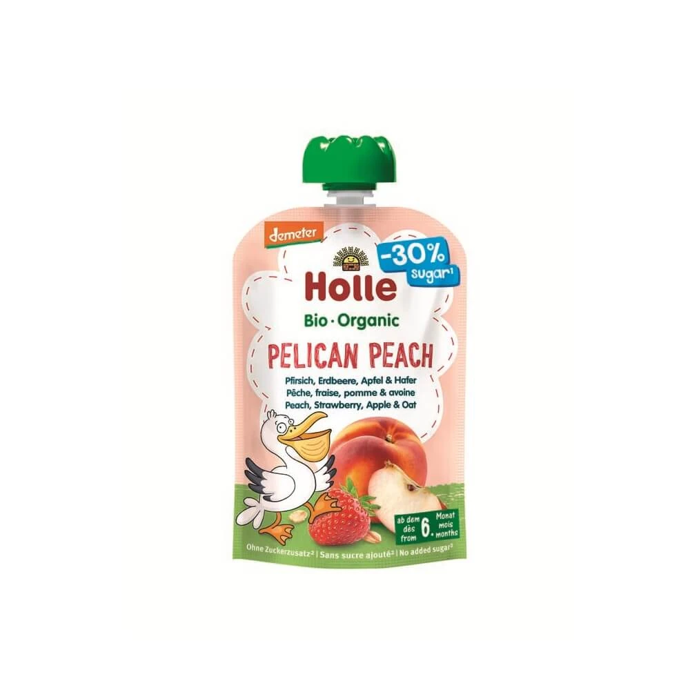 Biologische puree van perziken, aardbeien, appels en haver Pelican Peach, 100 g, Holle