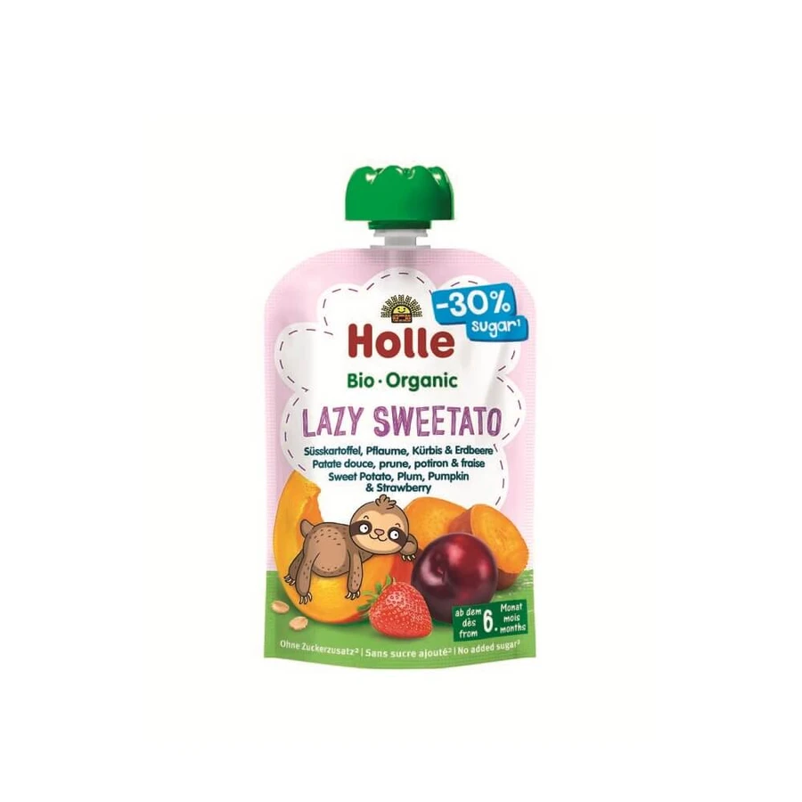 Zoete aardappelpuree met pruimen, pompoen en aardbeien Lazy Sweetato, 100 g, Holle
