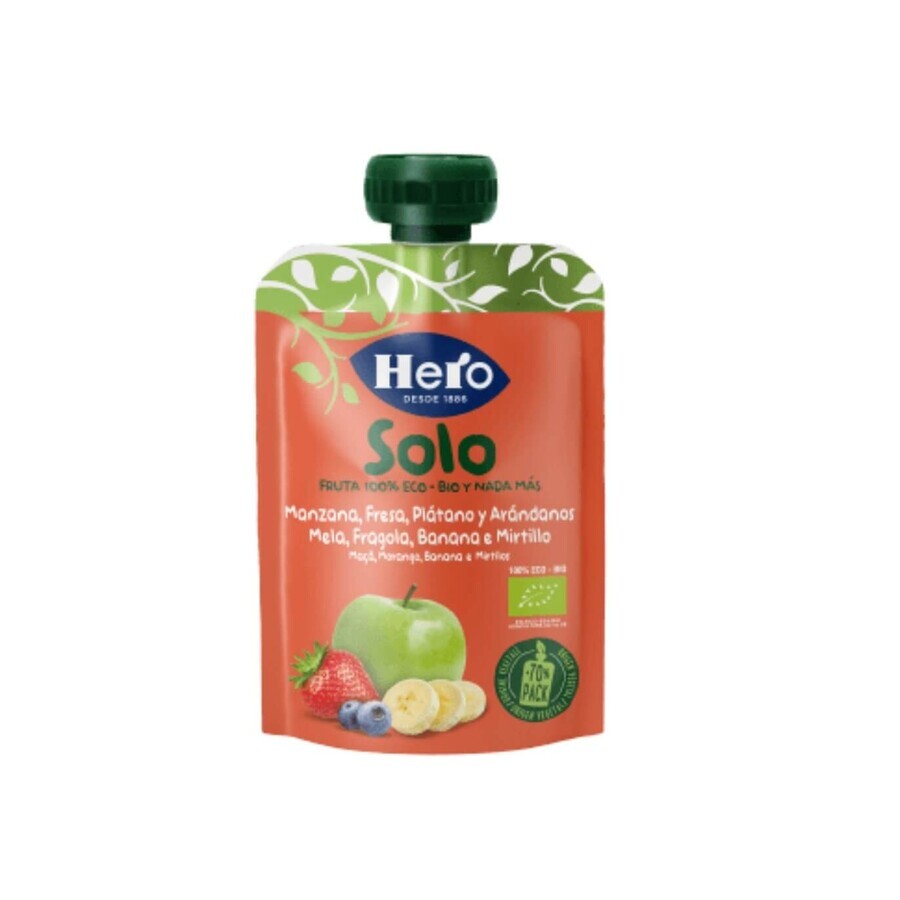 Organic apple, strawberry, banana and blueberry snack, 100 gr, 29343, Hero Solo