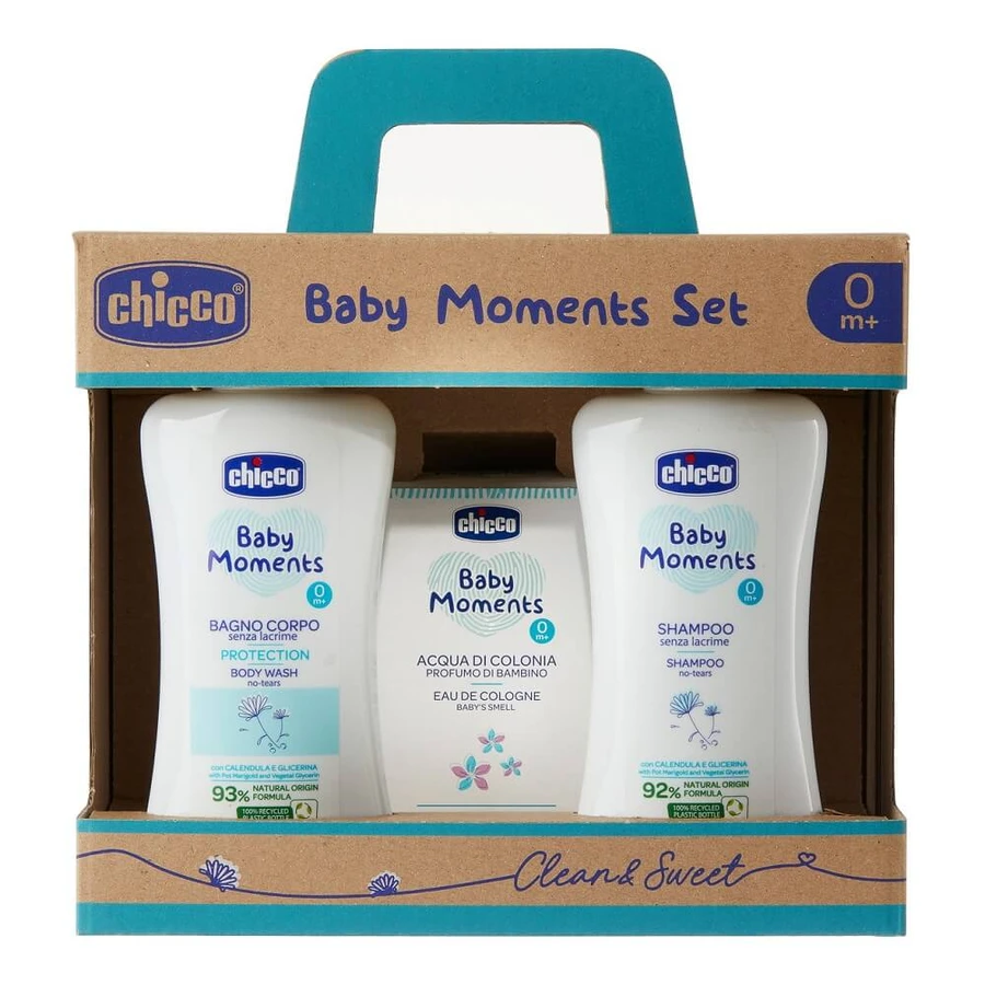 Set Chicco Baby Moments: lozione da bagno, 200 ml + shampoo, 200 ml + eau de toilette, 100 ml