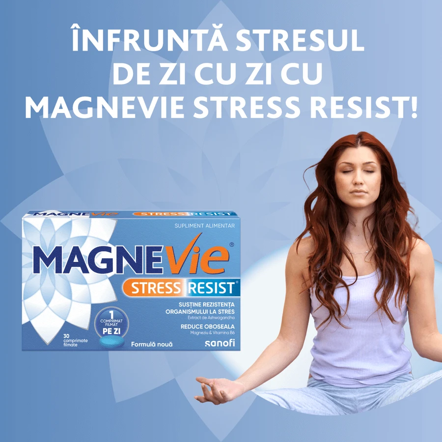 MagneVie Stress Resist cu Ashwaghanda 80mg + 60 mg magneziu + 1.4mg vitamina B6, sistem nervos și rezistenta la stres, 4x30 comprimate