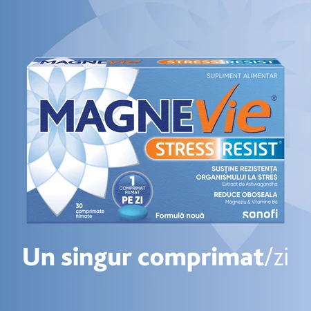 MagneVie Stress Resist cu Ashwaghanda 80mg + 60 mg magneziu + 1.4mg vitamina B6, sistem nervos și rezistenta la stres, 4x30 comprimate