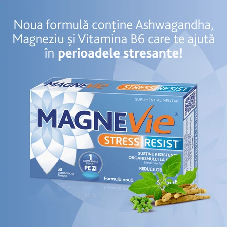 MagneVie Stress Resist cu Ashwaghanda 80mg + 60 mg magneziu + 1.4mg vitamina B6, sistem nervos și rezistenta la stres, 4x30 comprimate