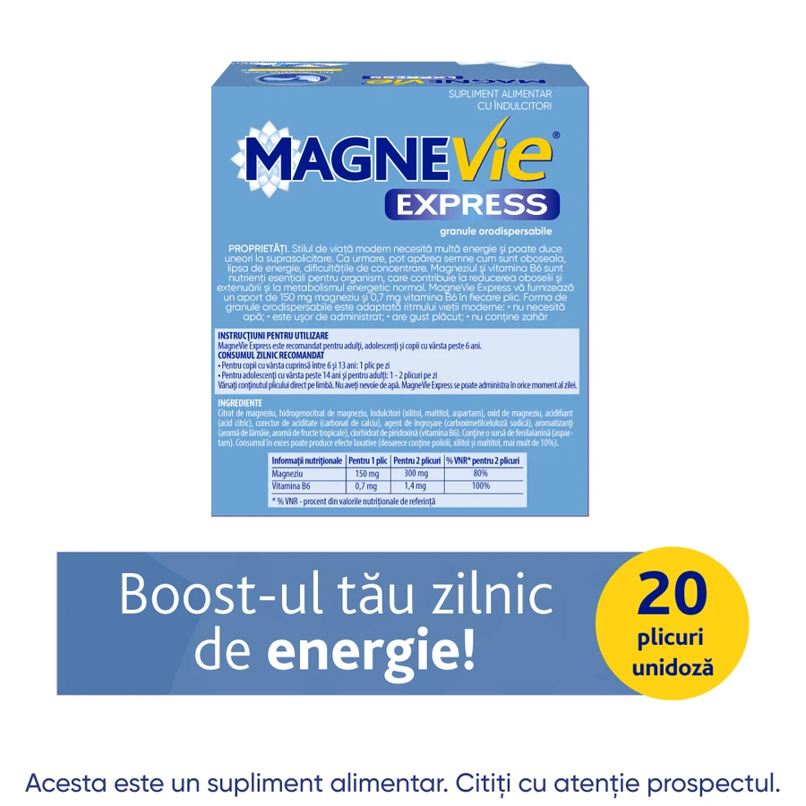 MagneVie Express, 150 mg de magnésium + 0,7 mg de vitamine B6, énergie supplémentaire, administration sans eau, 2x20 sachets