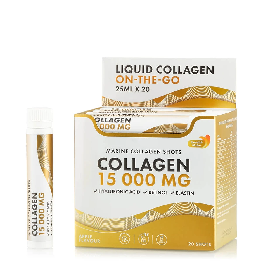 Colágeno Marino Hidrolizado Líquido Tipo 1 y 3 15.000 mg + Ácido Hialurónico 50 mg + Retinol 800 mcg, 25 ml x 20, Swedish Nutra