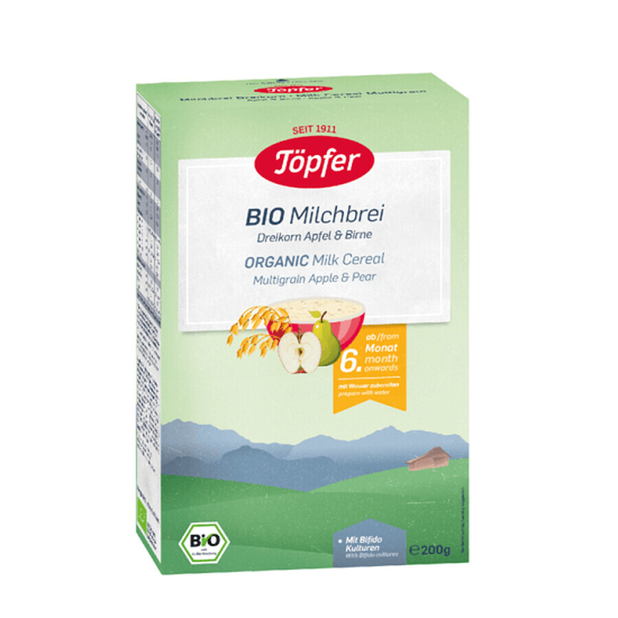 Multicereali BIO con latte, mele e pere, +6 mesi, 200 gr, Topfer