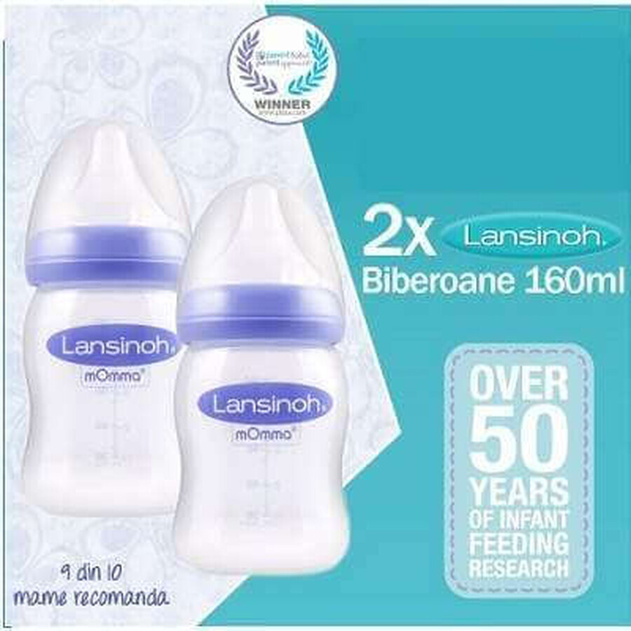 Bottle pack with slow flow silicone teat, +0 months, 2x160 ml, Lansinoh