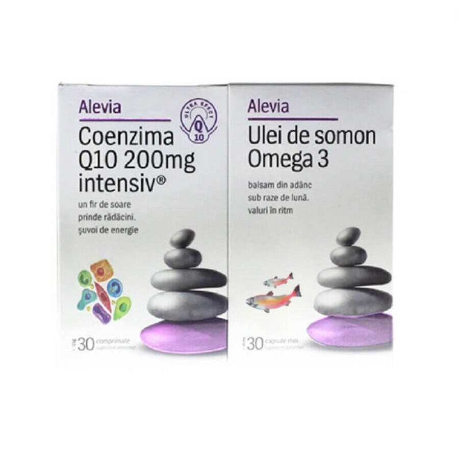 Confezione Coenzima Q10 Intensivo 200mg 30 capsule e Omega 3 olio di salmone 30 capsule, Alevia