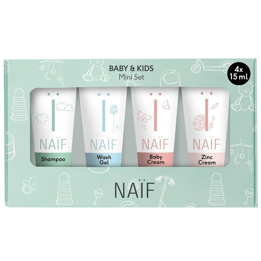 Mini Naif Baby & Kids set, gel lavante, 15 ml + crema pañal, 15 ml + crema cuidado piel, 15 ml + champú, 15 ml