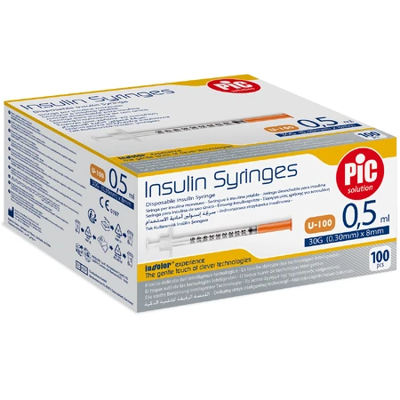 Jeringas de insulina Pic Solution 0,5 ml con aguja 31G (0,25 mm) x 8 mm, 100 unidades