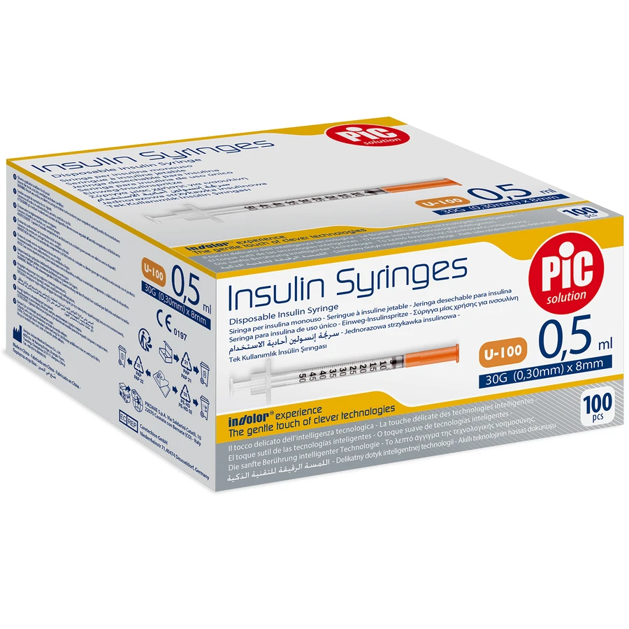 Jeringas de insulina Pic Solution 0,5 ml con aguja 31G (0,25 mm) x 8 mm, 100 unidades