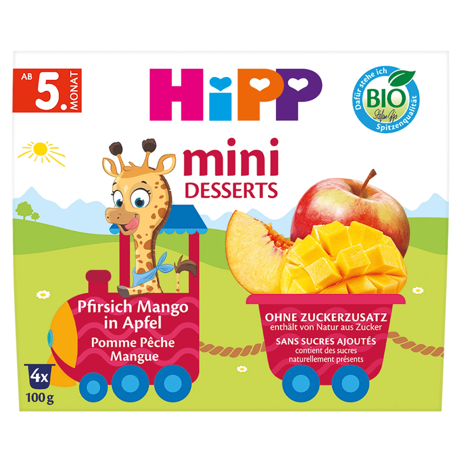 HiPP Mini Dessert Bio, appel, perzik, mango, na 5 maanden, 4 x 100 g