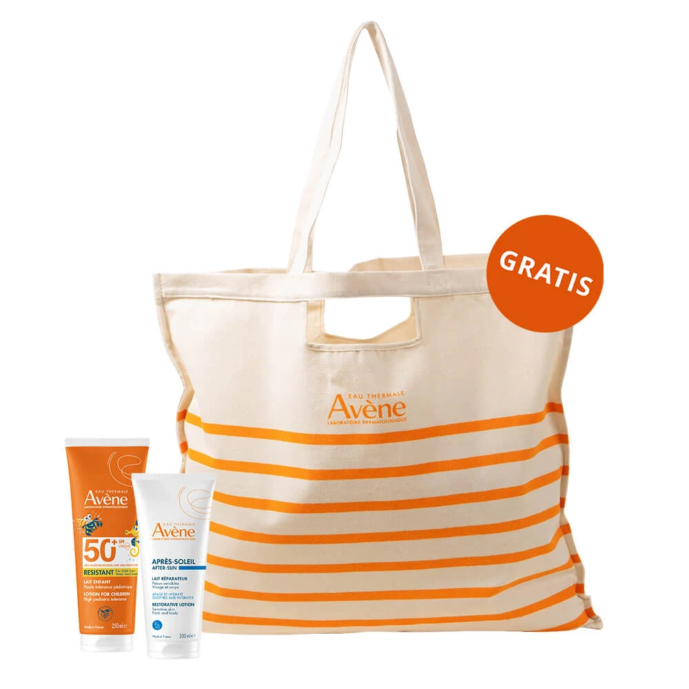 Avene Sun set, zeer hoge zonbescherming, kindermelk, SPF 50+, 250 ml + aftersun lotion, voor volwassenen en kinderen vanaf 2 jaar, 200 ml + gratis strandtasje