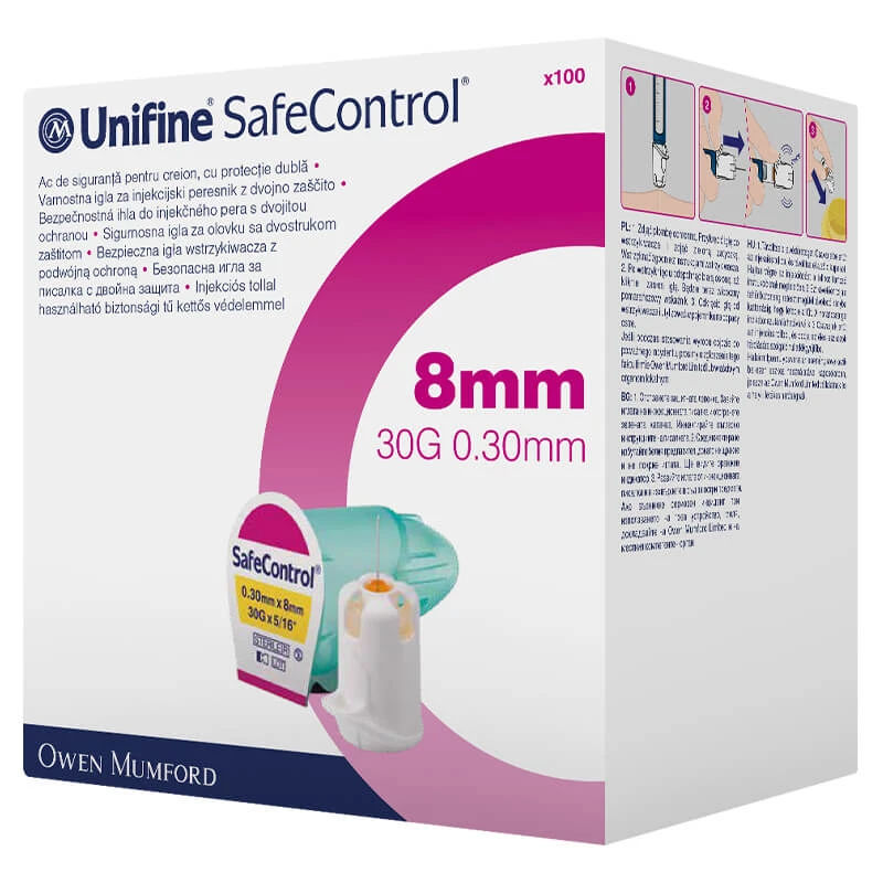 Unifine SafeControl, pennaalden, 30G, 8 mm, 100 stuks