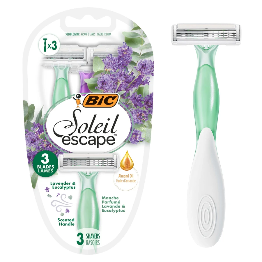 BIC Soleil Escape, damesscheermes, wegwerp, drie mesjes, Lavendel & Eucalyptus, 3 stuks