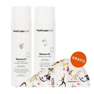 Zestaw Health Labs Balance On, trychoszampon nawilżający z prebiotykami, 250 ml + odżywka kondycjonująca do łodygi włosa, 200 ml + turban do włosów gratis