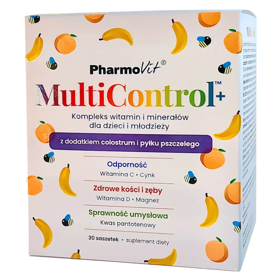 Pharmovit MultiControl+ Kompleks witamin i minerałów dla dzieci i młodzieży, smak bananowo-brzoskwiniowy, 30 saszetek : ceny i cechy