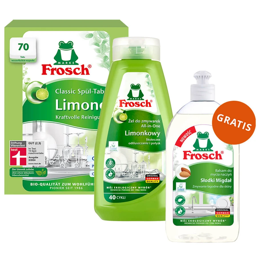 Set Frosch, Tablete de spălat vase, Classic, lime, 70 buc + Gel de spălat vase, lime, 650 ml + Lichid de spălat vase, migdale, 500 ml gratuit