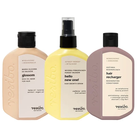 Set Resibo Glossom, maschera all'olio per capelli, 100 ml + trattamento stimolante per la crescita dei capelli, 90 ml + balsamo rigenerante per capelli, 100 ml in omaggio