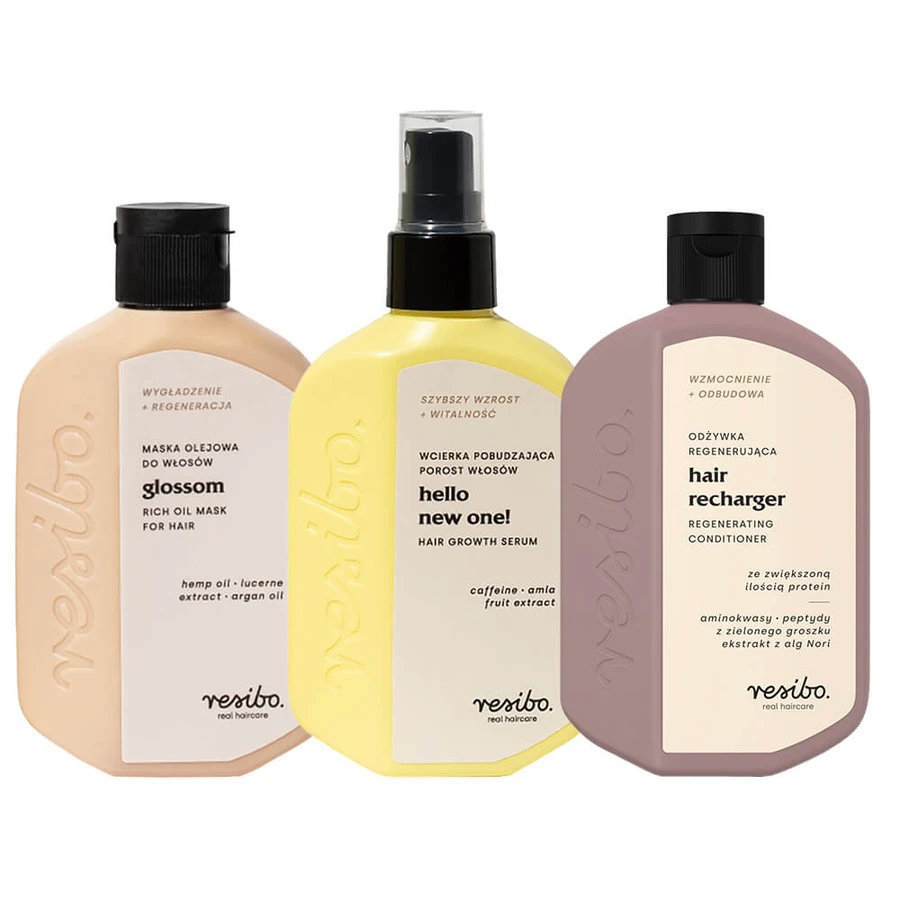Set Resibo Glossom, maschera all'olio per capelli, 100 ml + trattamento stimolante per la crescita dei capelli, 90 ml + balsamo rigenerante per capelli, 100 ml in omaggio