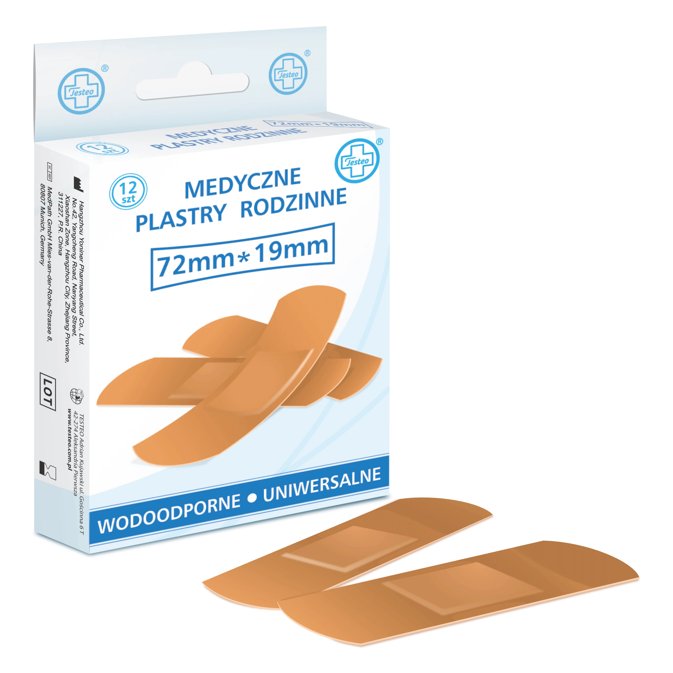 Testeo, waterdichte pleisters met verband, vleeskleurig, 19 mm x 72 mm, 12 stuks