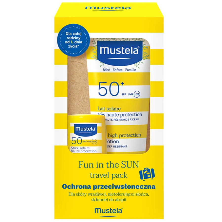 Mustela Sun Fun In The Sun Travel Pack, sunscreen milk, SPF 50, 40 ml + sunscreen stick, SPF 50, 9 ml