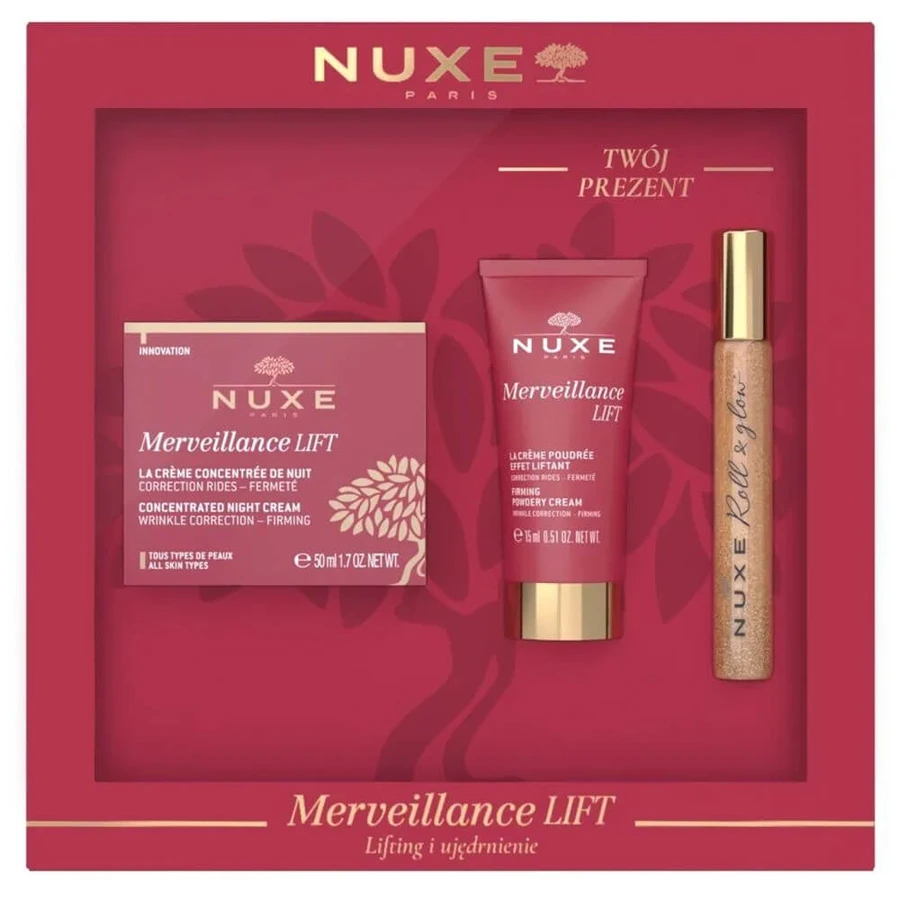Set Nuxe Merveillance Lift, nachtcrème, 50 ml + dagcrème, 15 ml + Huile Prodigieuse Or, roll on, 8 ml