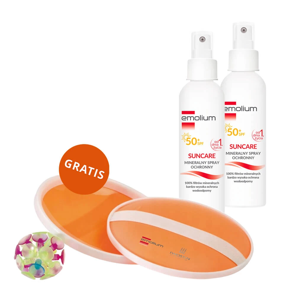 Emolium Suncare set, minerale beschermingsspray voor kinderen vanaf dag 1 en volwassenen, SPF 50+, 2 x 100 ml + gratis strandspel "vang de bal