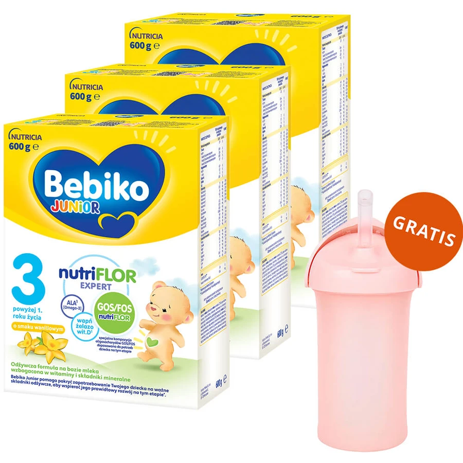 Set Bebiko Junior 3 Nutriflor Expert, nährstoffreiche Milchnahrung, ab 1 Jahr, Vanillegeschmack, 3 x 600 g + Boon, Swig Strohhalm-Bidon, 265 ml gratis