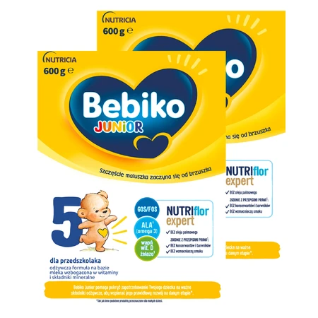 Zestaw Bebiko Junior 5 Nutriflor Expert, odżywcza formuła na bazie mleka, dla przedszkolaka, 2 x 600 g: ceny i cechy