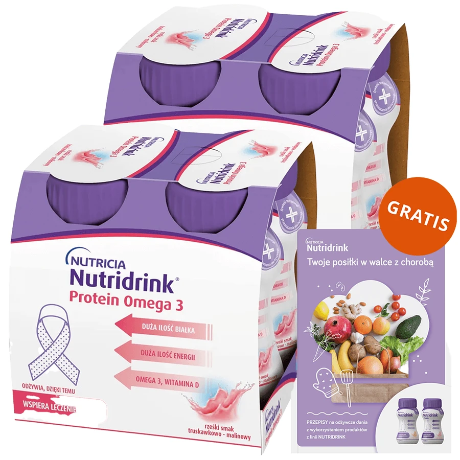 Set Nutridrink Protein Omega 3, preparat nutritiv, aromă crocantă de căpșuni și zmeură, 8 x 125 ml + caiet de rețete gratuit