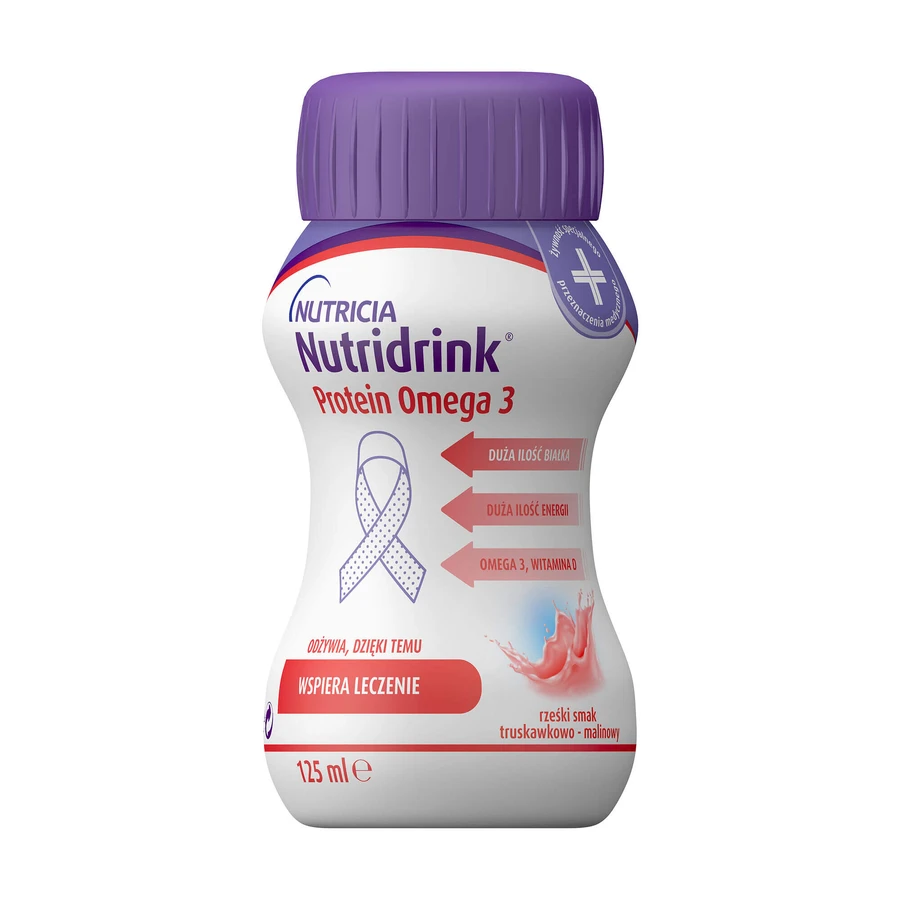 Set Nutridrink Protein Omega 3, preparat nutritiv, aromă crocantă de căpșuni și zmeură, 8 x 125 ml + caiet de rețete gratuit
