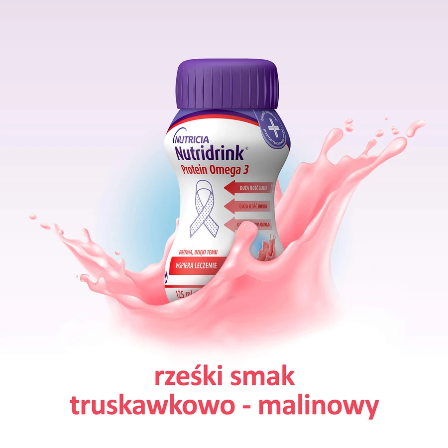 Set Nutridrink Protein Omega 3, preparat nutritiv, aromă crocantă de căpșuni și zmeură, 8 x 125 ml + caiet de rețete gratuit