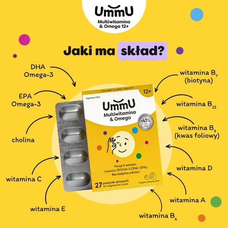 UmmU Multivitamin&Omega, para niños a partir de 12 años, 27 pastillas masticables