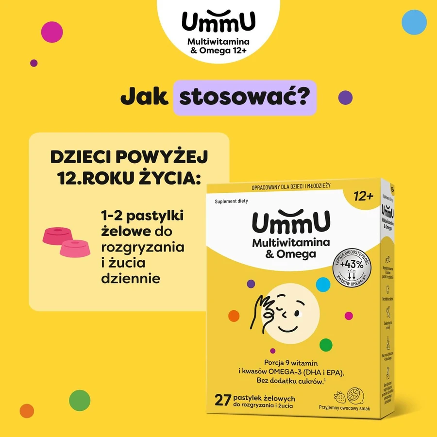 UmmU Multivitamin&Omega, para niños a partir de 12 años, 27 pastillas masticables