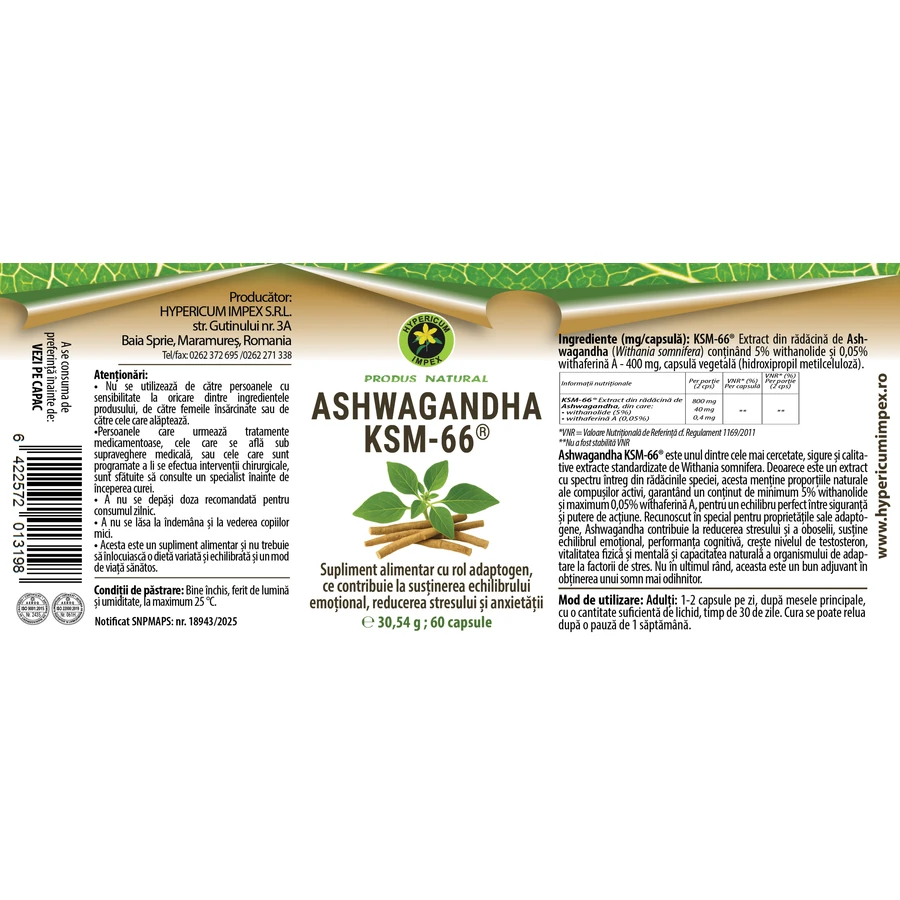 Ashwagandha-Kapseln KSM-66, 60 Kapseln