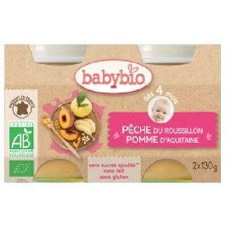 Purée bio de pêches et de pommes, +4 mois, 2x 130g, BabyBio