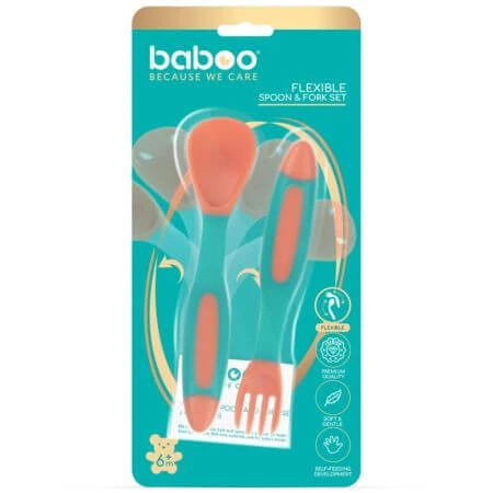 Flexibele lepel en vorkenset, Oranje/Groen, 6 maanden+, Baboo