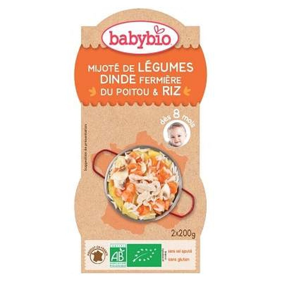 Menù Purea Bio di Verdure, Riso e Carne di Tacchino, +8mesi, 2X200g, BabyBio