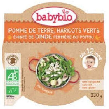 Menu bio purée de carottes, haricots verts et tranches de viande de dinde fermière, 230g, BabyBio, BabyBio