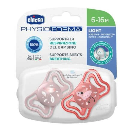 Fopspeen PhysioForma Light Glow, Roze, 6-16 maanden, 2 stuks, Chicco